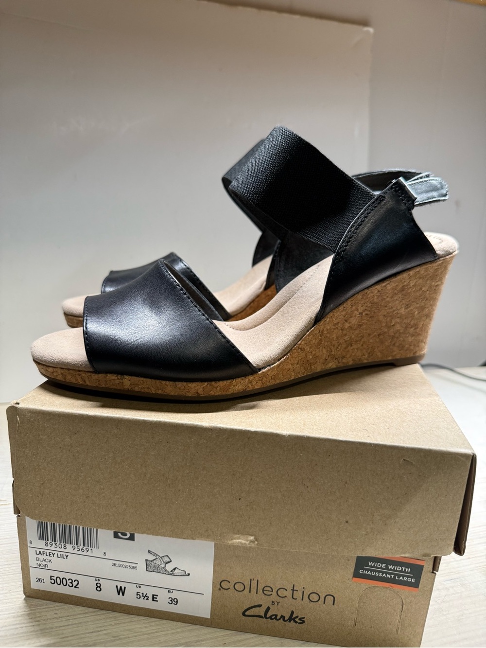 Clarks Lafley Lily Black Wedge Sandals Womens 8W Wide Comfort Cork Heel